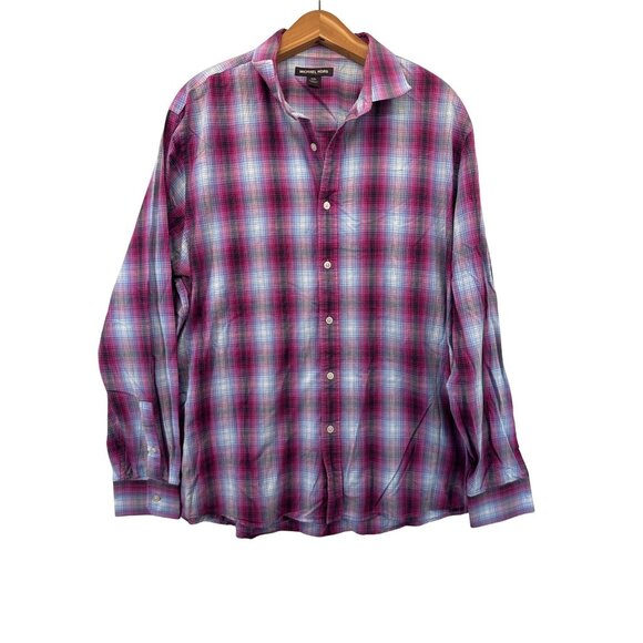 Michael Kors Mens Button Shirt Sz XXL Pink Plaid Long-Slv Classic Preppy BizCasu - Picture 1 of 10